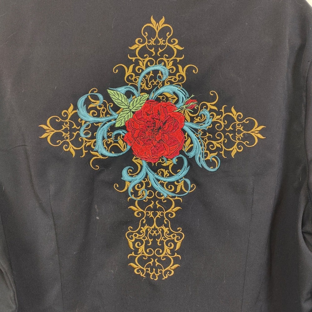 Roper Western Top Womens Plus Size 1X Black Gold Embroidered Rose Cross Snap - Picture 6 of 9